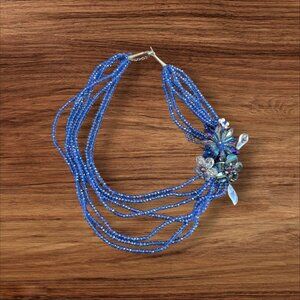 Multi-Strand Blue Beaded Necklace  Floral Crystal Accent  Jewelry Statement 25"
